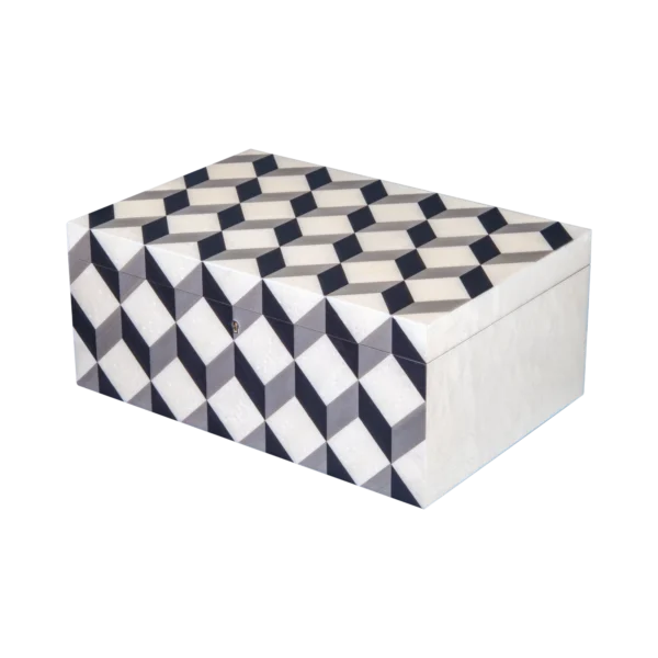 Aurora jewelry box, natural-tone marquetry with chrome fittings, handcrafted in Sorrento - large, closed