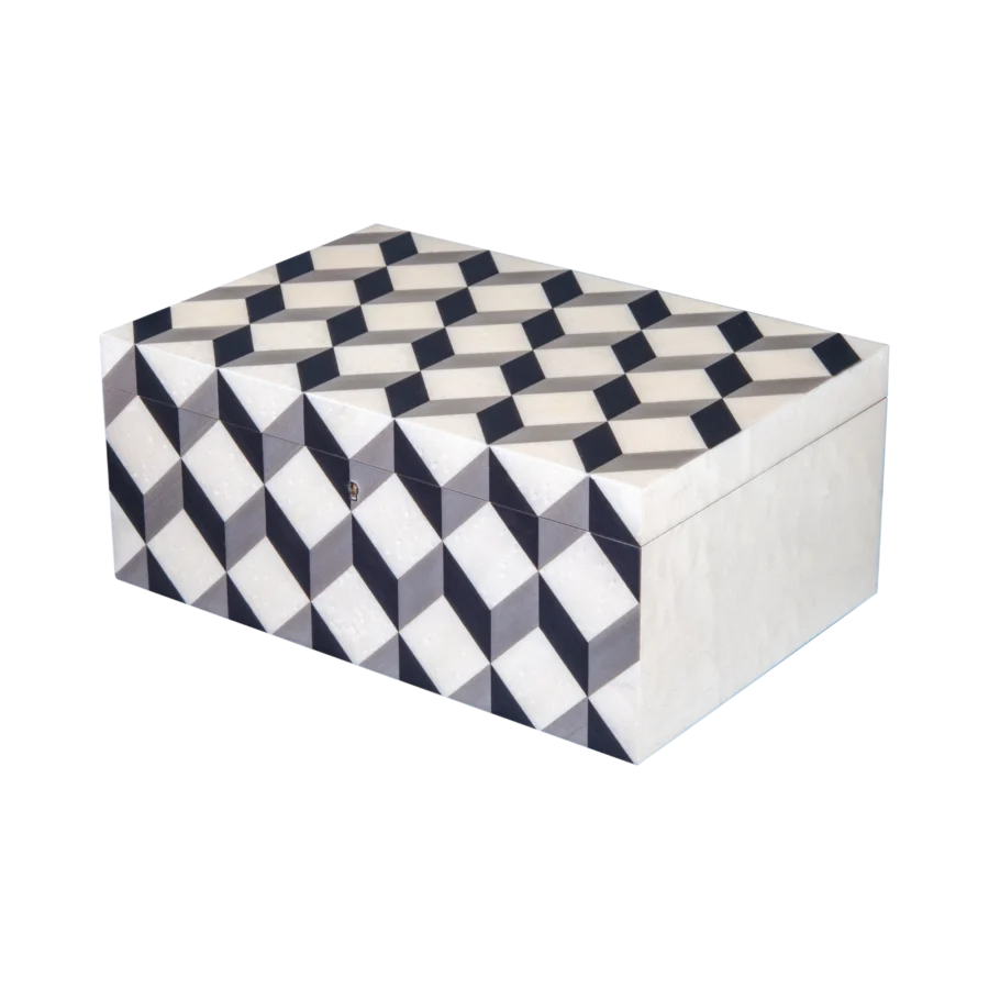 Aurora jewelry box, natural-tone marquetry with chrome fittings, handcrafted in Sorrento - large, closed