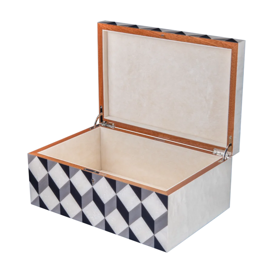 Aurora jewelry box, natural-tone marquetry with chrome fittings - large, jewelry storage