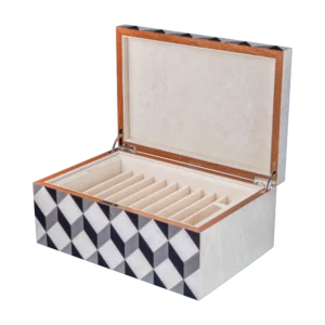 Aurora jewelry box, natural-tone marquetry with chrome fittings - large, pen tray