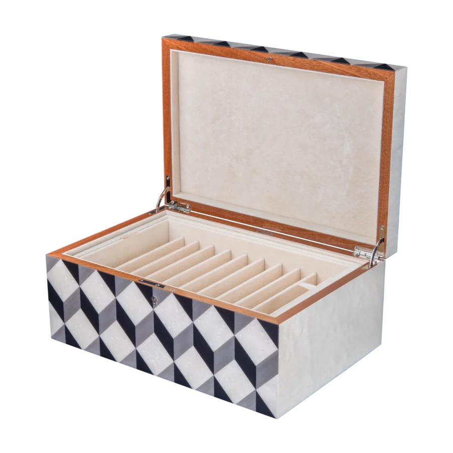 Aurora jewelry box, natural-tone marquetry with chrome fittings - large, pen tray