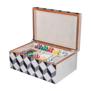 Aurora jewelry box, natural-tone marquetry with chrome fittings - large, poker tray