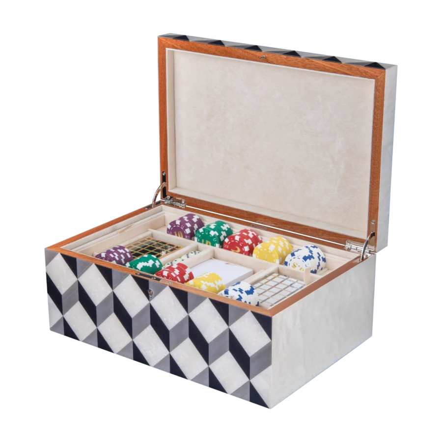 Aurora jewelry box, natural-tone marquetry with chrome fittings - large, poker tray