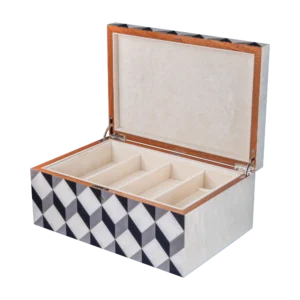 Aurora jewelry box, natural-tone marquetry with chrome fittings - large, sunglasses tray