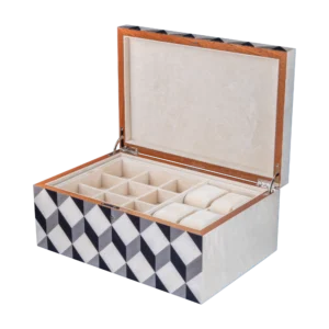 Aurora jewelry box, natural-tone marquetry with chrome fittings - large, watch and cufflinks tray