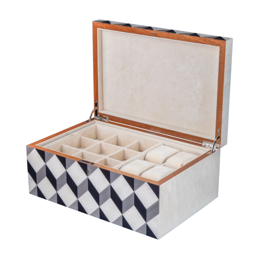 Aurora jewelry box, natural-tone marquetry with chrome fittings - large, watch and cufflinks tray