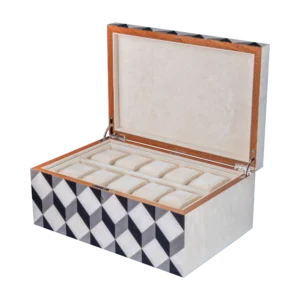 Aurora jewelry box, natural-tone marquetry with chrome fittings - large, watch tray