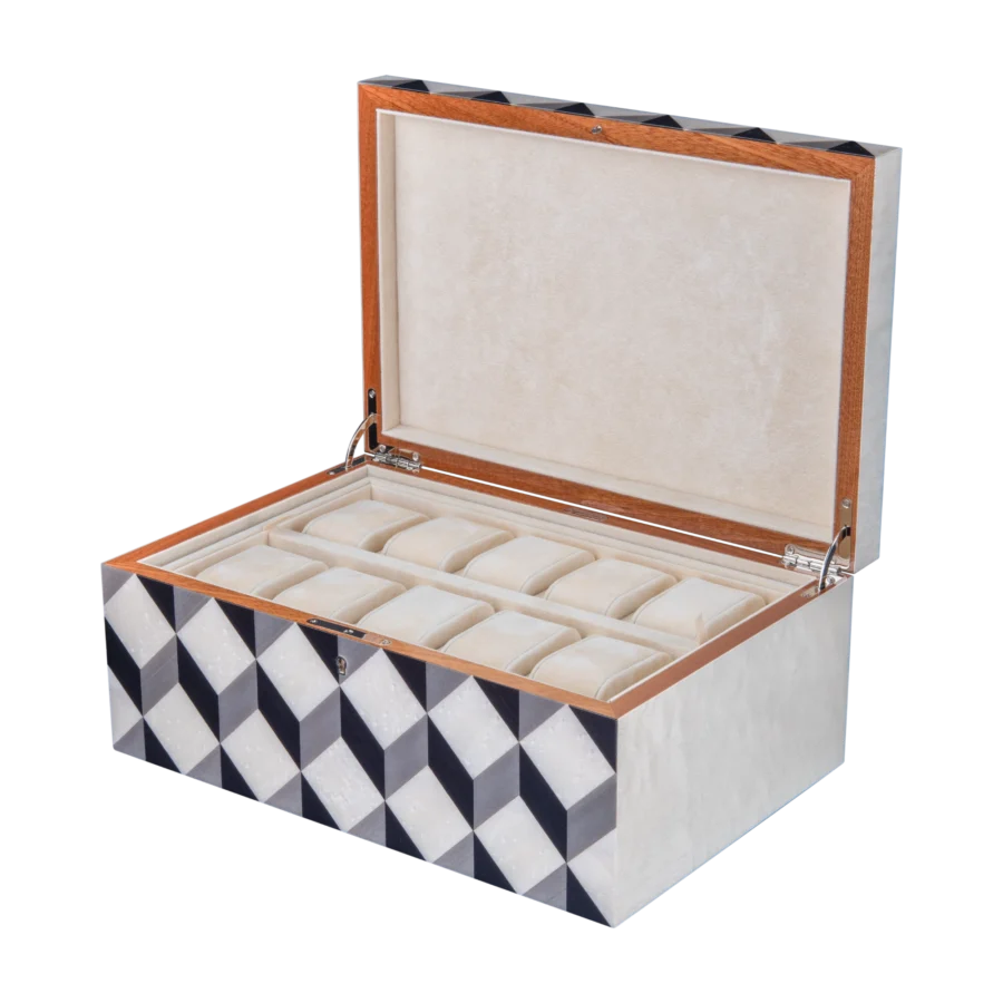 Aurora jewelry box, natural-tone marquetry with chrome fittings - large, watch tray