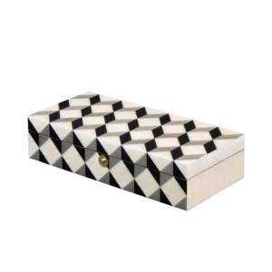 Aurora jewelry box, natural-tone marquetry with chrome fittings, handcrafted in Sorrento - medium, closed