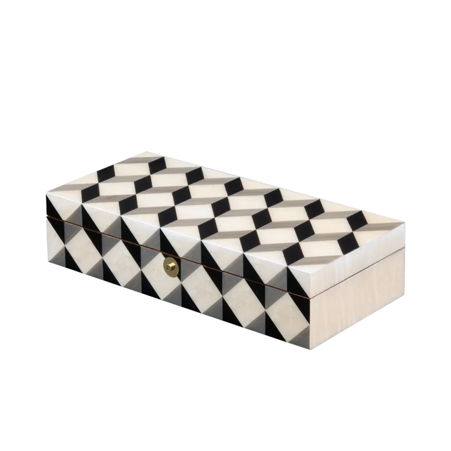 Aurora jewelry box, natural-tone marquetry with chrome fittings, handcrafted in Sorrento - medium, closed