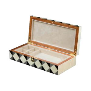Aurora jewelry box, natural-tone marquetry with chrome fittings - medium, cufflinks tray and open section