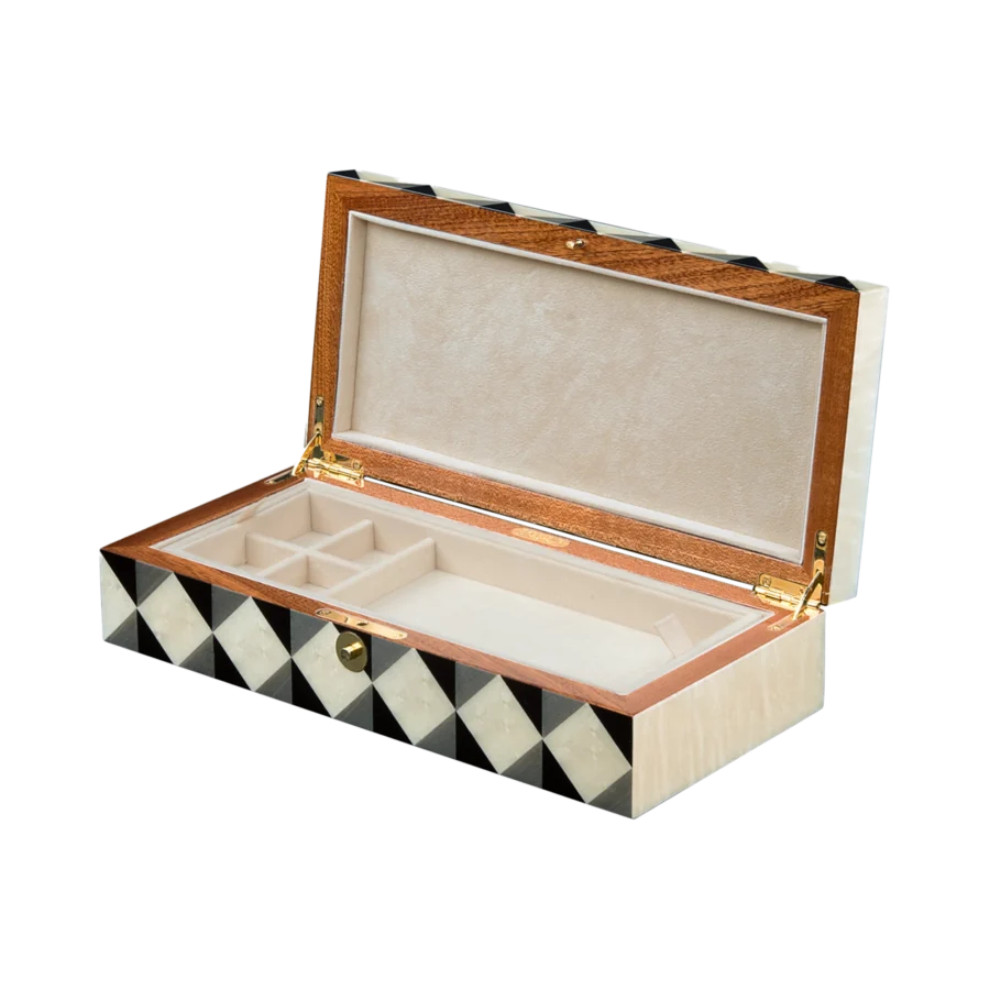 Aurora jewelry box, natural-tone marquetry with chrome fittings - medium, cufflinks tray and open section