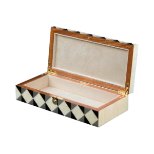 Aurora jewelry box, natural-tone marquetry with chrome fittings - medium, jewelry storage