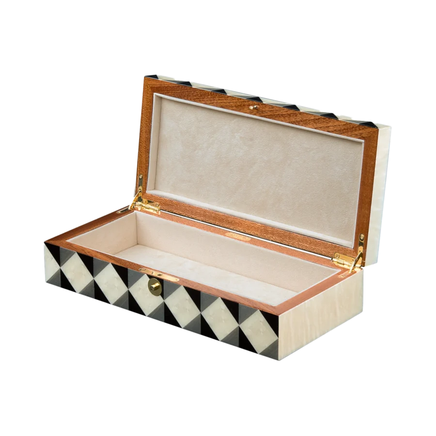 Aurora jewelry box, natural-tone marquetry with chrome fittings - medium, jewelry storage
