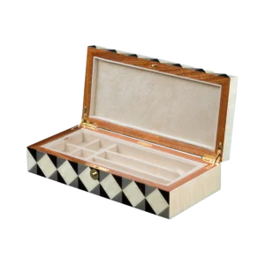 Aurora jewelry box, natural-tone marquetry with chrome fittings - medium, pen and cufflinks tray
