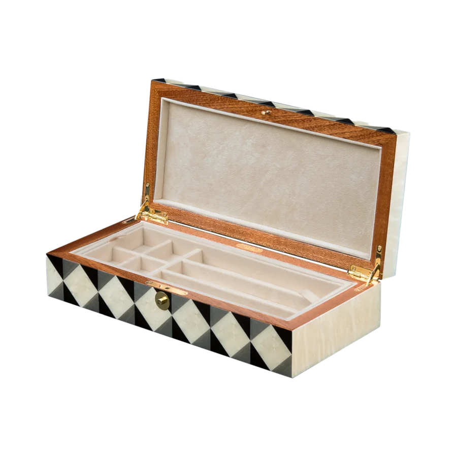 Aurora jewelry box, natural-tone marquetry with chrome fittings - medium, pen and cufflinks tray