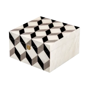 Aurora jewelry box, natural-tone marquetry with chrome fittings, handcrafted in Sorrento - small, closed