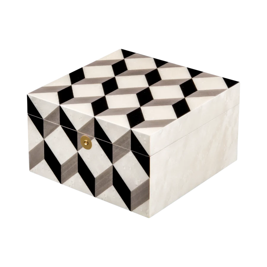 Aurora jewelry box, natural-tone marquetry with chrome fittings, handcrafted in Sorrento - small, closed