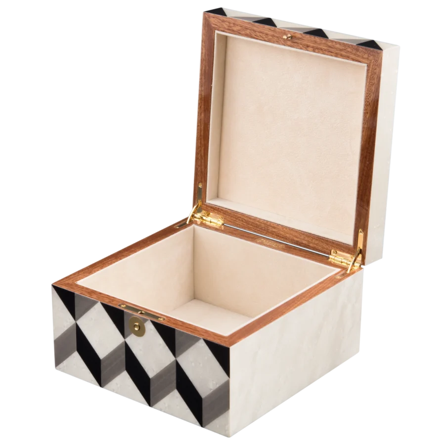 Aurora jewelry box, natural-tone marquetry with chrome fittings - small, jewelry storage