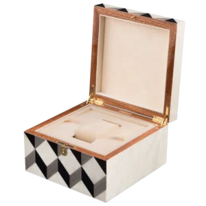 Aurora jewelry box, natural-tone marquetry with chrome fittings - small, watch tray
