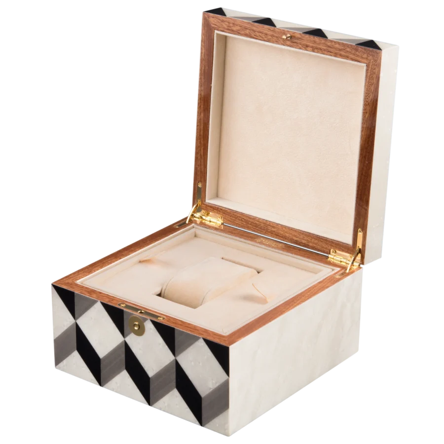 Aurora jewelry box, natural-tone marquetry with chrome fittings - small, watch tray