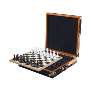 Columbus chess box open, inlaid chessboard and storage compartment