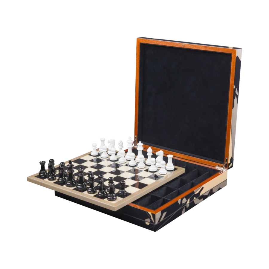 Columbus chess box open, inlaid chessboard and storage compartment