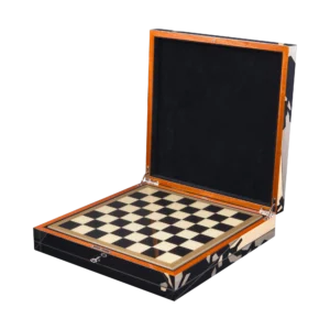 Columbus chess box open, marquetry playing surface in view
