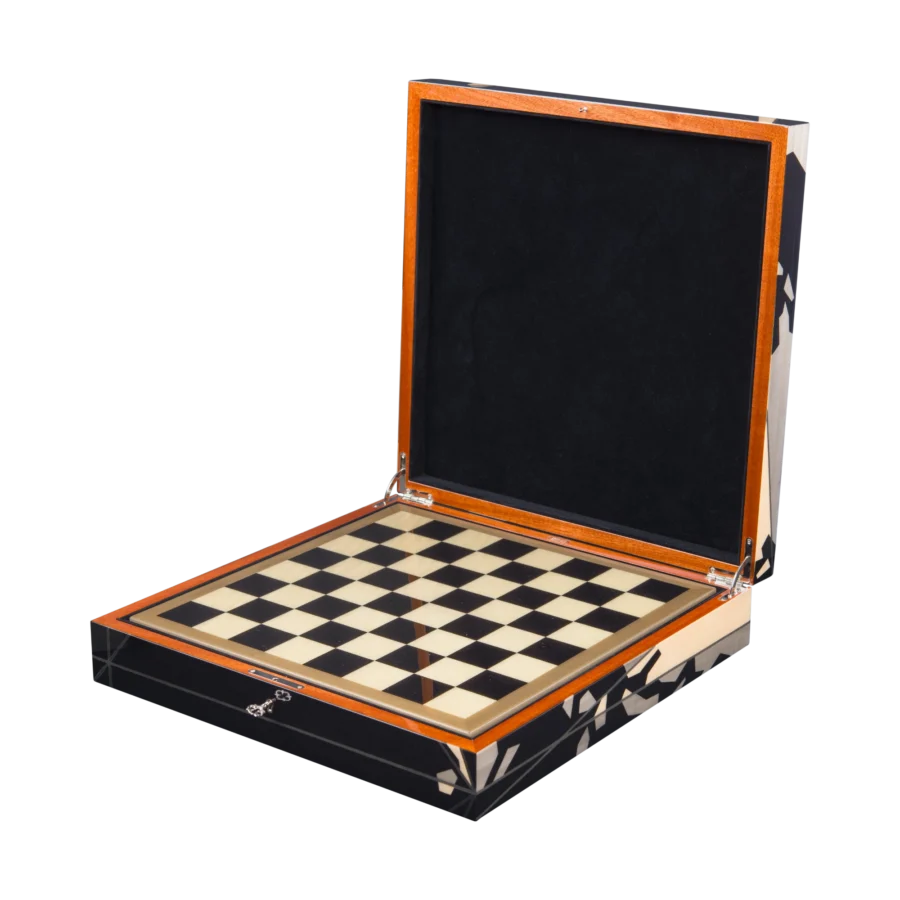 Columbus chess box open, marquetry playing surface in view