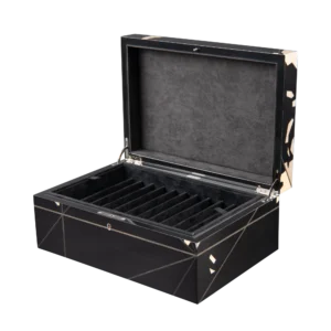 Columbus jewelry box, inlaid globe marquetry - large, pen tray