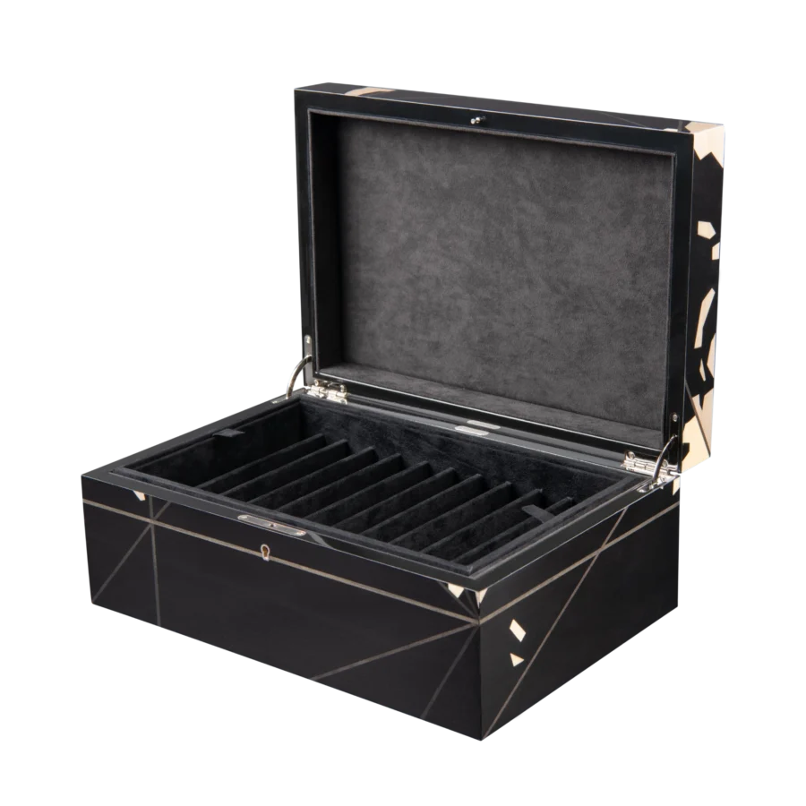 Columbus jewelry box, inlaid globe marquetry - large, pen tray