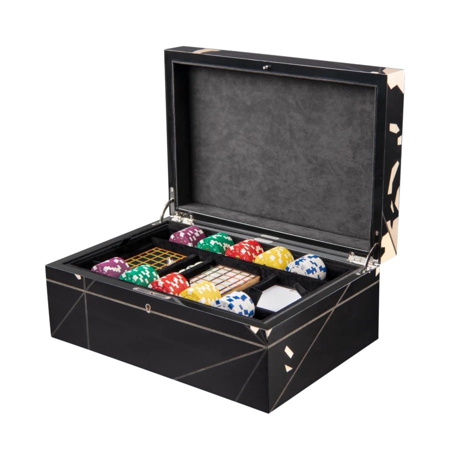 Columbus jewelry box, inlaid globe marquetry - large, poker tray