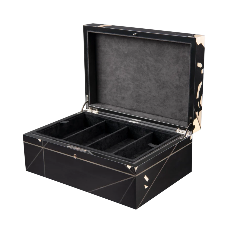 Columbus jewelry box, inlaid globe marquetry - large, sunglasses tray