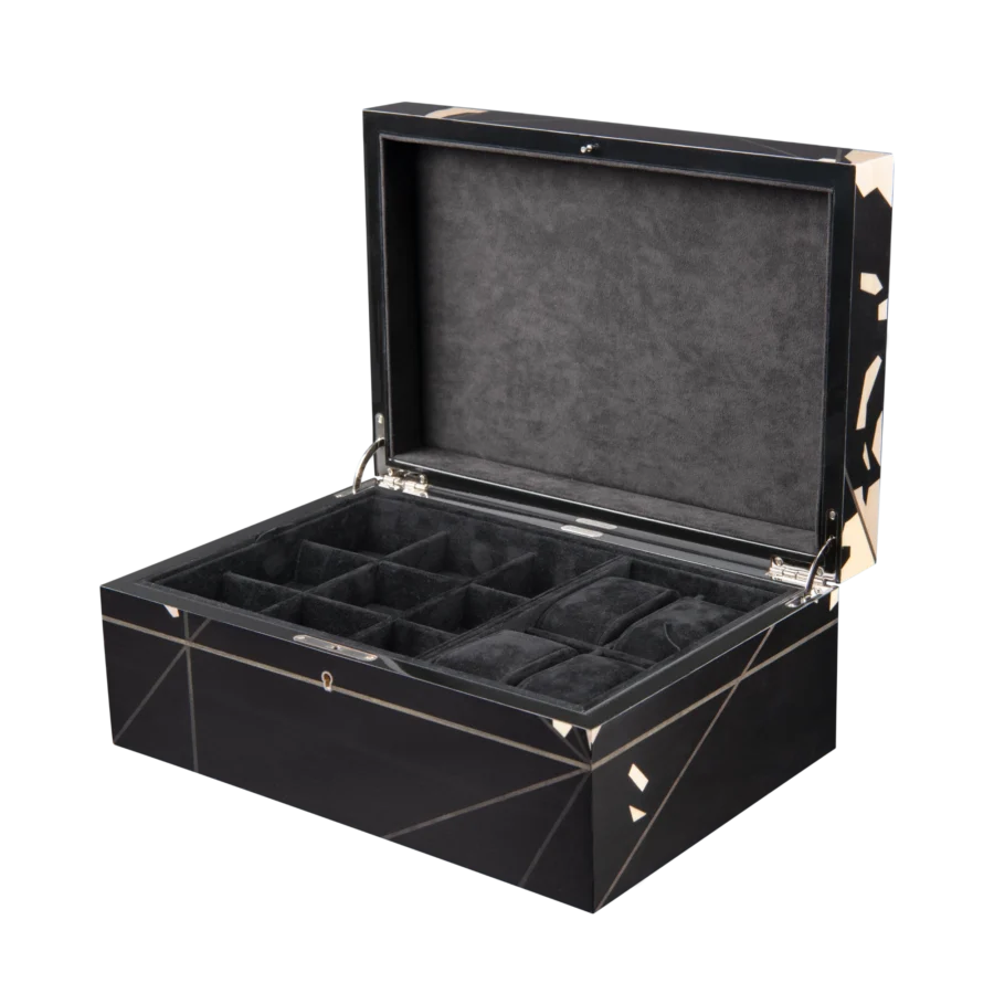 Columbus jewelry box, inlaid globe marquetry - large, watch and cufflinks tray