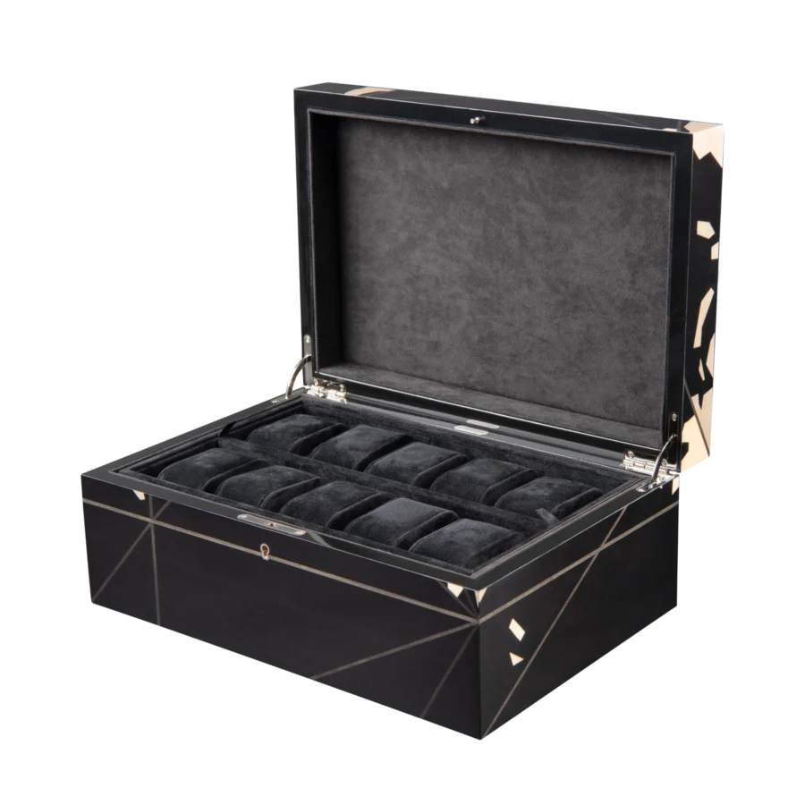 Columbus jewelry box, inlaid globe marquetry - large, watch tray