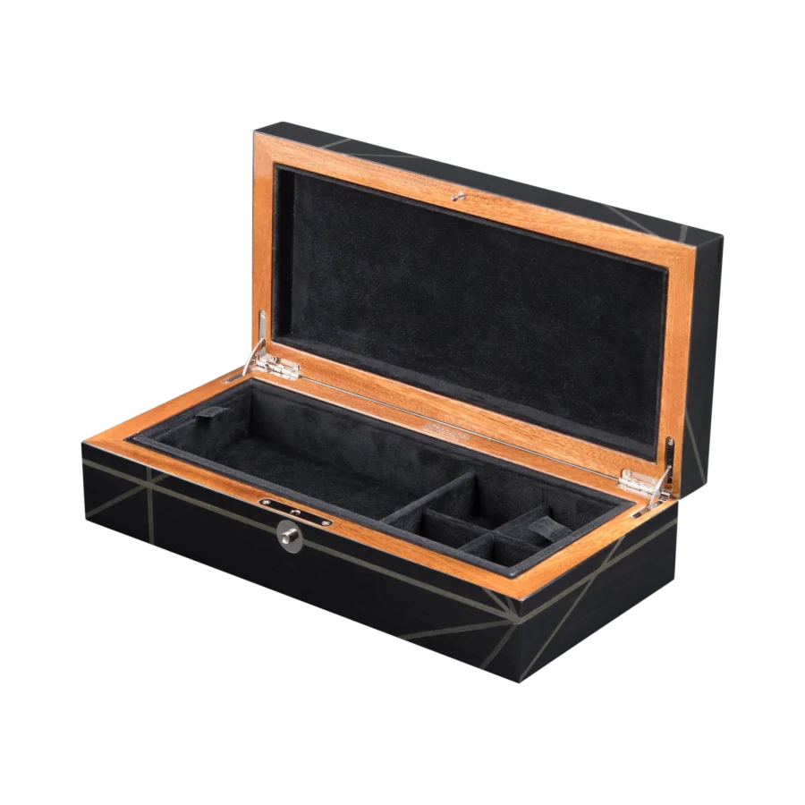 Columbus jewelry box, inlaid globe marquetry - medium, cufflinks tray and open section