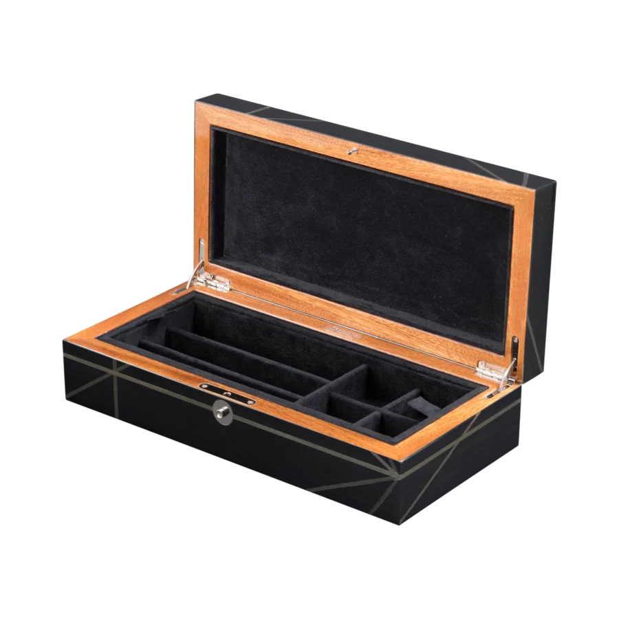 Columbus jewelry box, inlaid globe marquetry - medium, pen and cufflinks tray