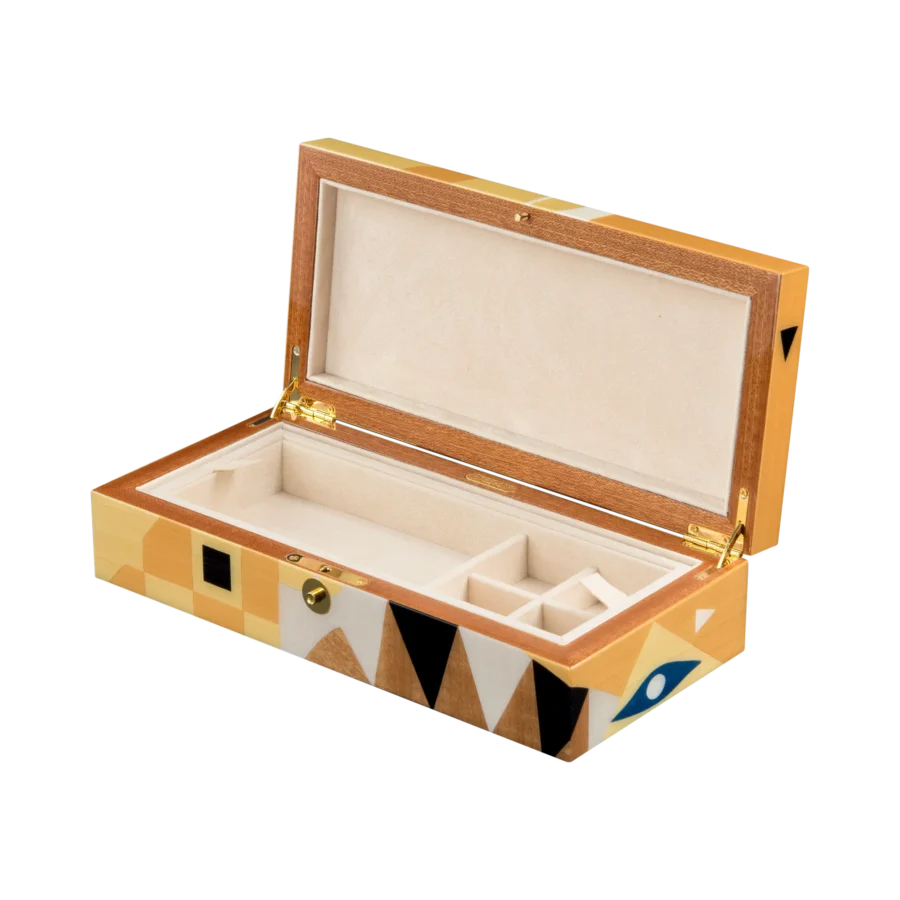 Klimt jewelry box, marquetry inspired by Gustav Klimt - medium, cufflinks tray and open section
