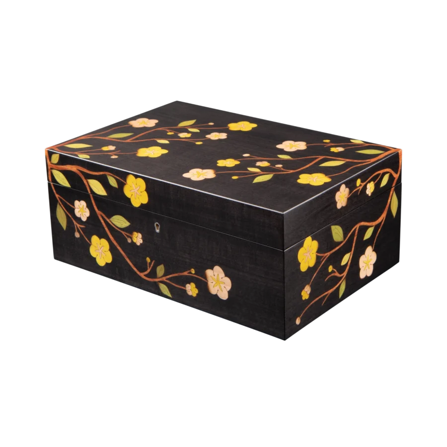 Sakura jewelry box, cherry blossom marquetry, Black finish, handcrafted in Sorrento - large, closed