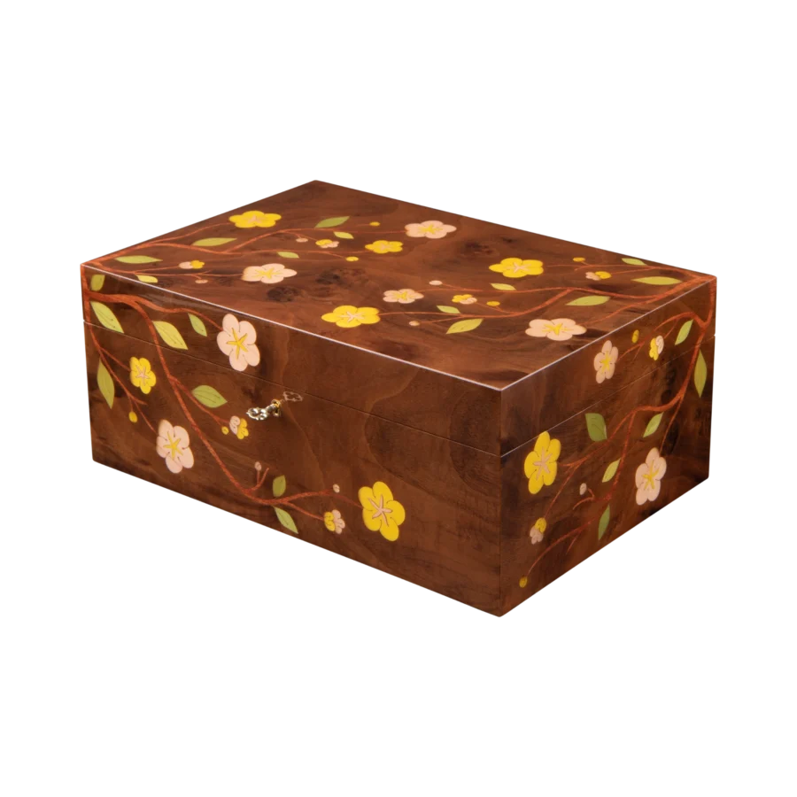 Sakura jewelry box, cherry blossom marquetry, Nut finish, handcrafted in Sorrento - large, closed