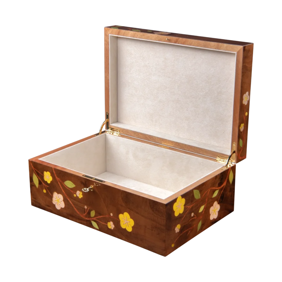Sakura jewelry box, cherry blossom marquetry, Nut finish - large, jewelry storage