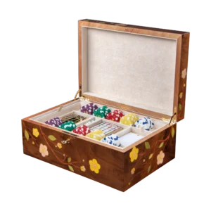 Sakura jewelry box, cherry blossom marquetry, Nut finish - large, poker tray