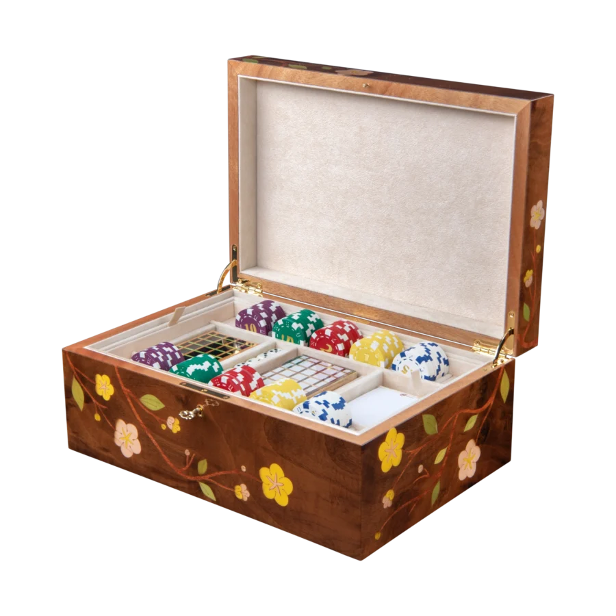 Sakura jewelry box, cherry blossom marquetry, Nut finish - large, poker tray
