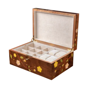Sakura jewelry box, cherry blossom marquetry, Nut finish - large, watch and cufflinks tray