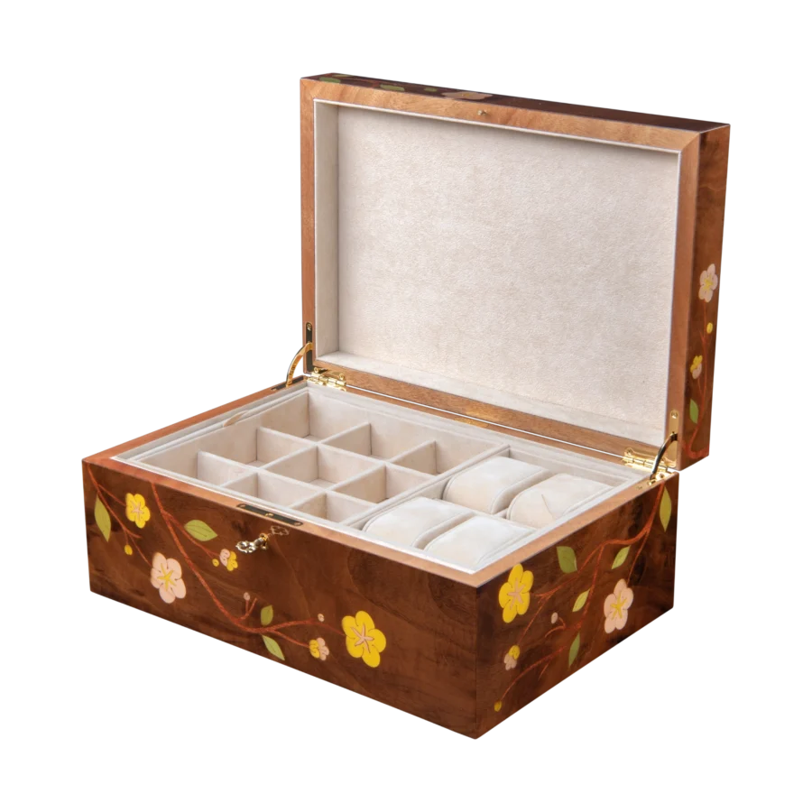 Sakura jewelry box, cherry blossom marquetry, Nut finish - large, watch and cufflinks tray