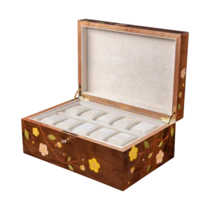 Sakura jewelry box, cherry blossom marquetry, Nut finish - large, watch tray
