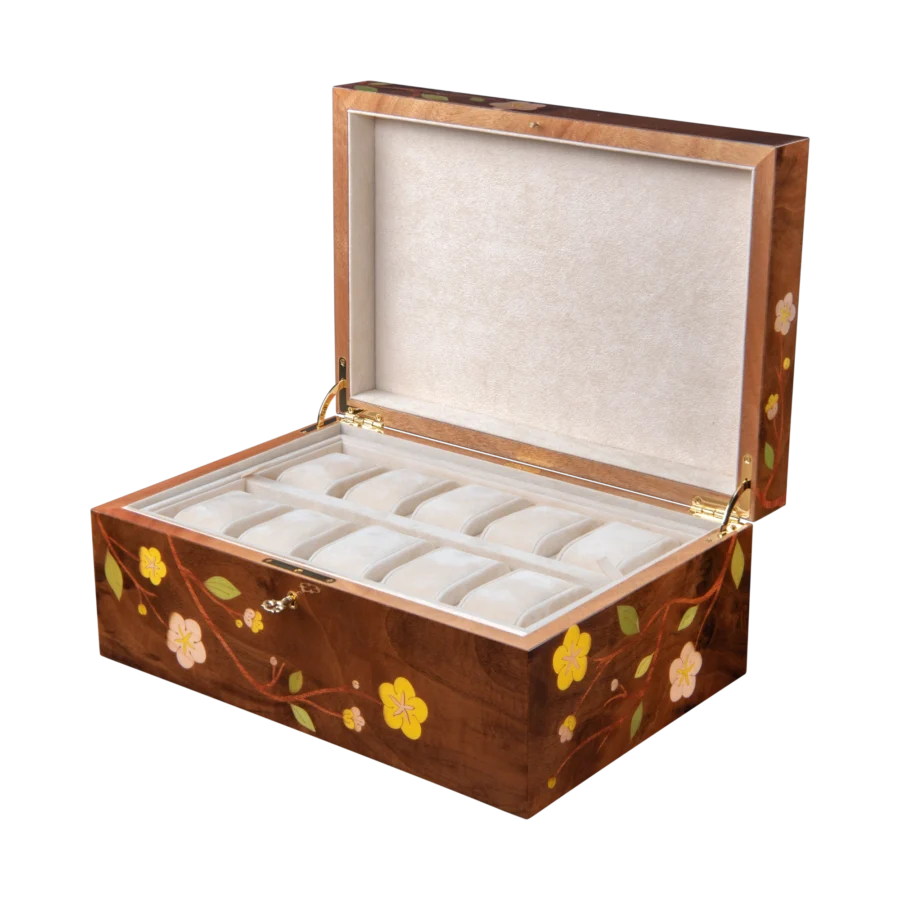 Sakura jewelry box, cherry blossom marquetry, Nut finish - large, watch tray