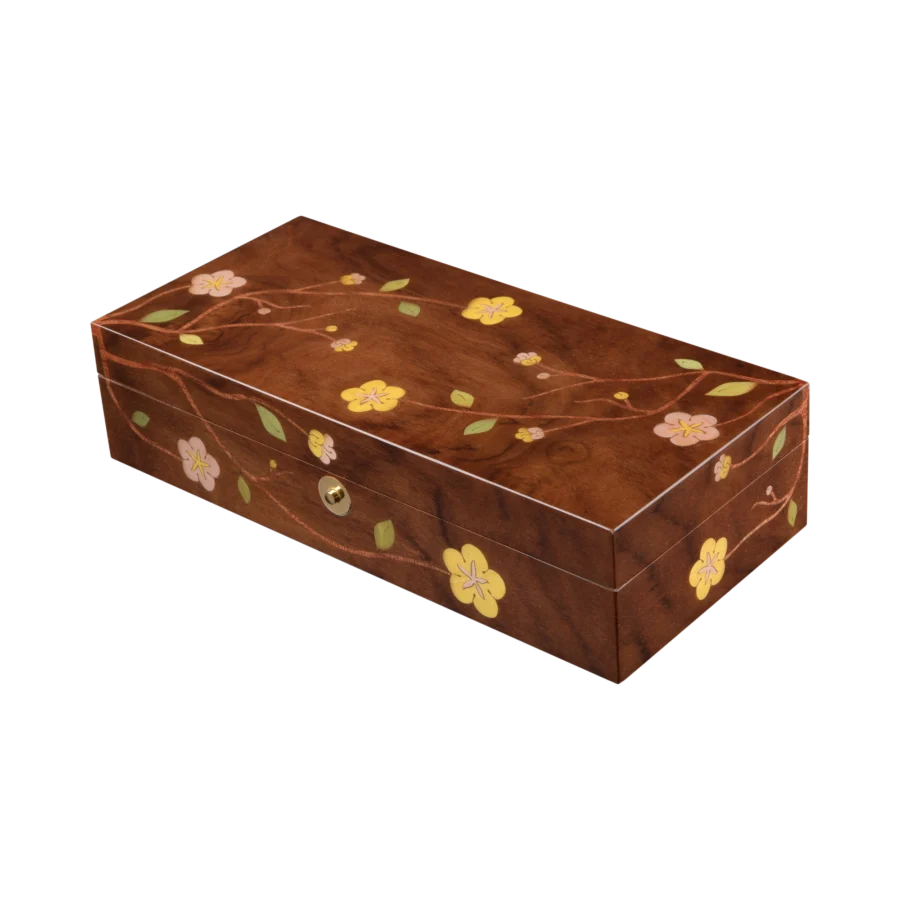 Sakura jewelry box, cherry blossom marquetry, Nut finish, handcrafted in Sorrento - medium, closed