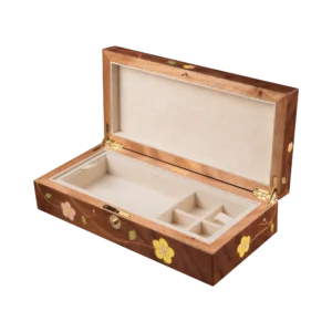 Sakura jewelry box, cherry blossom marquetry, Nut finish - medium, cufflinks tray and open section
