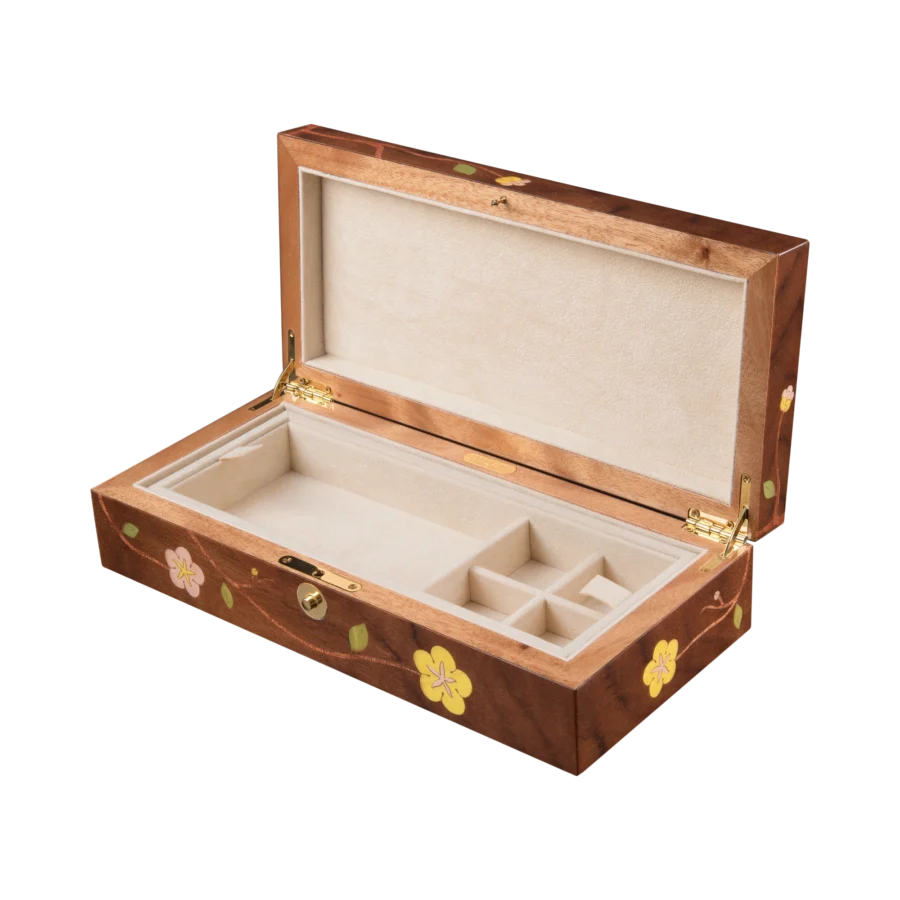 Sakura jewelry box, cherry blossom marquetry, Nut finish - medium, cufflinks tray and open section
